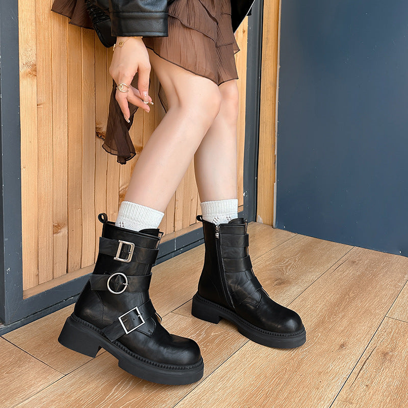 Women's Martin Belt Buckle Platform Motorcycle Knight Retro British Boots