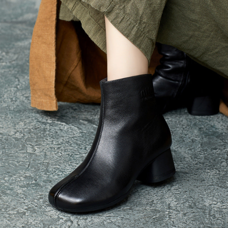 Style Handsome Handmade Cowhide Square Toe Chunky Heels