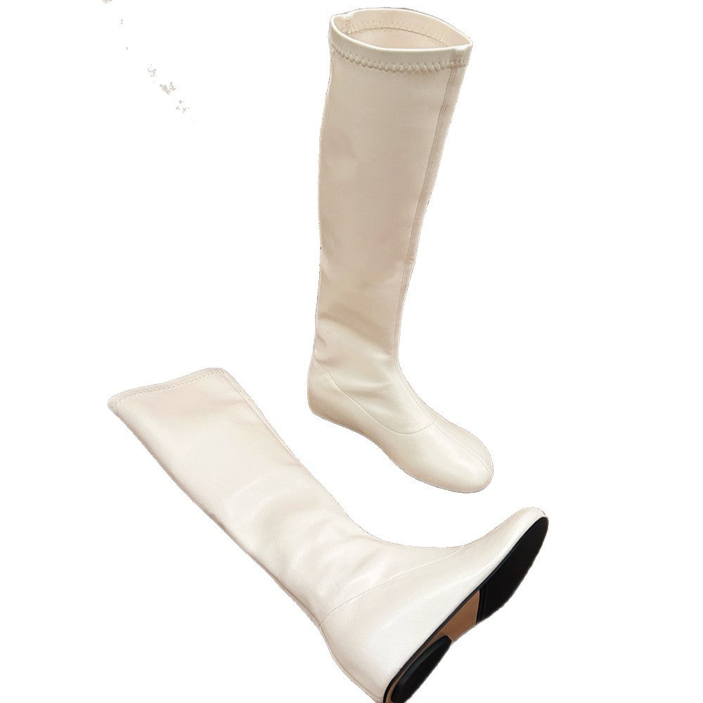 Round Toe Invisible Elevated Flat High Thin Solid Color Pile Boots