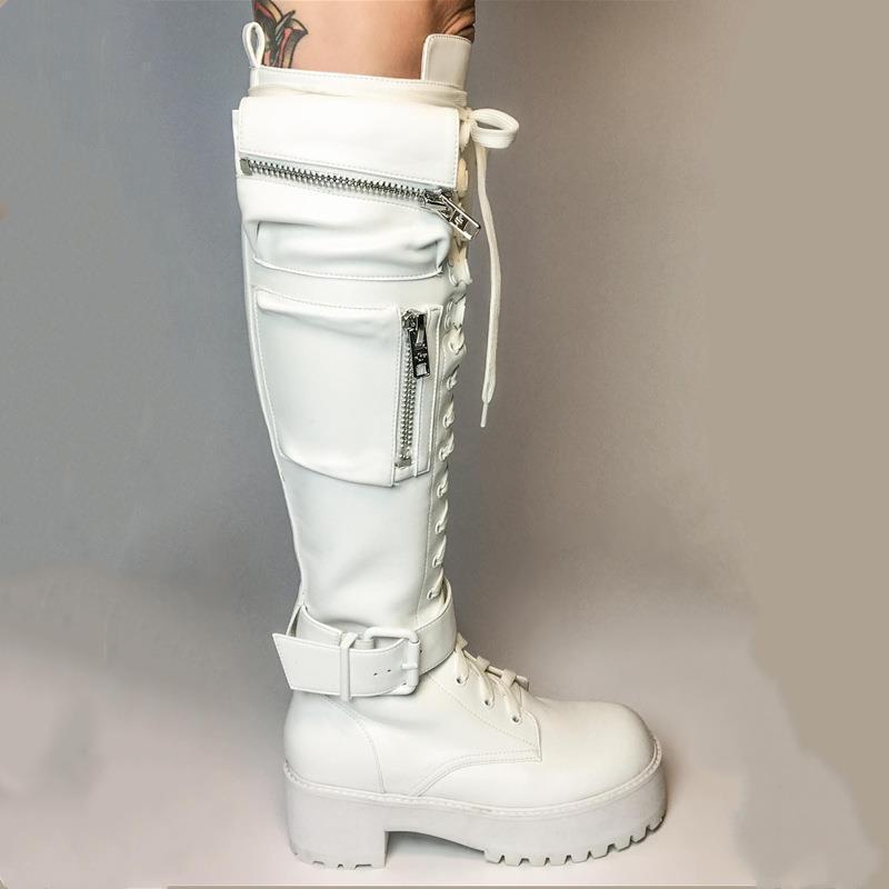 Low Platform Long Bag Buckle Knight Plus Women's Leather Boots