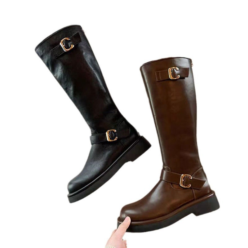 Head Buckled Chunky Below The Knee High Boots