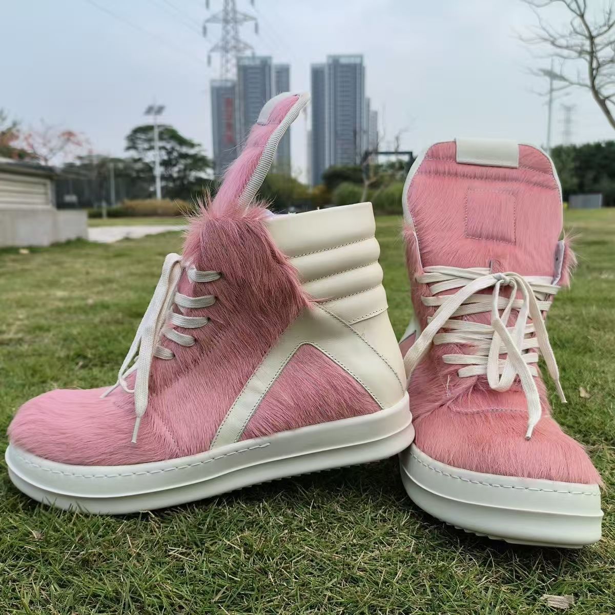 Men's Pink Luxury Horse Hair Trendy Platform Casual Shoes