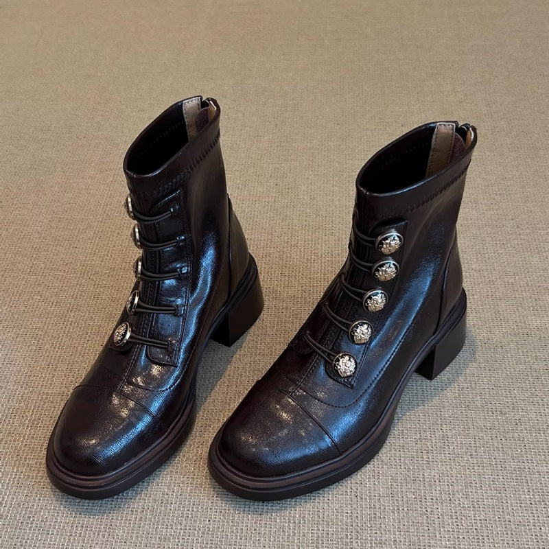 Women's Style Chunky Badge Small Golden Button Booties Versatile Boots