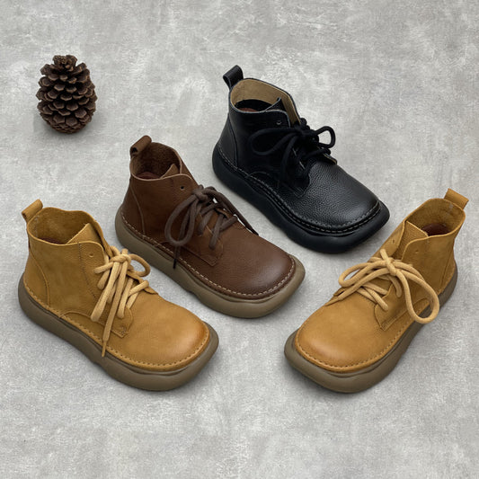 Women's Linen Style Wide Head Top Layer Women's Leather Boots