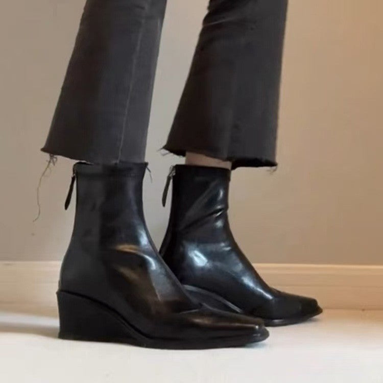 Women's Wedge Elegant Square Toe Skinny Winter High Stretch Women's Leather Boots