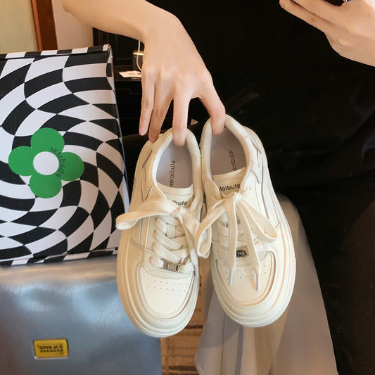 Women's White Round Toe Platform Elevator Wild Casual Shoes