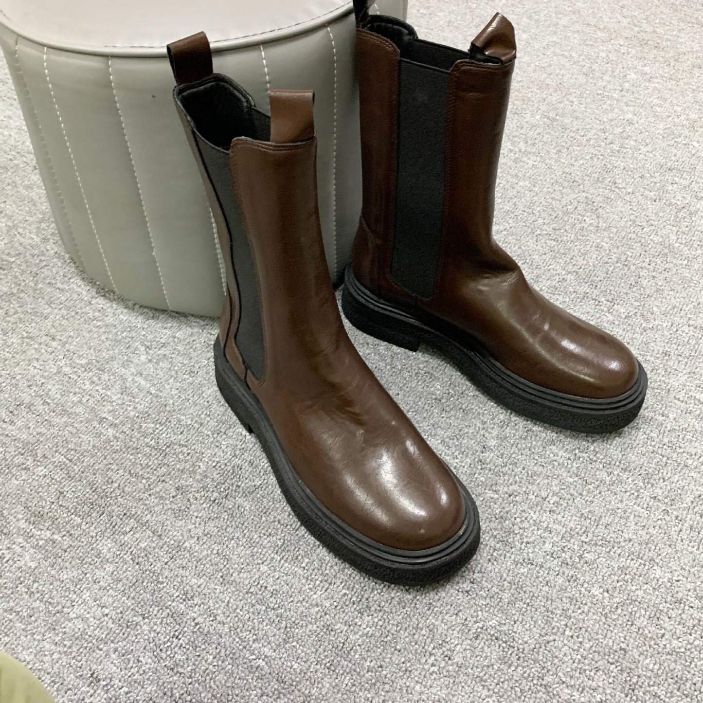 Hair Grape Mom Retro Round Head Chunky Thick Bottom Chelsea Women's Leather Boots