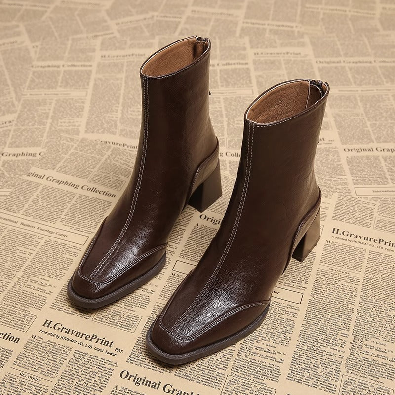 Women's Design Sense Square Toe Chunky Short British Style Fried Street Women's Leather Boots
