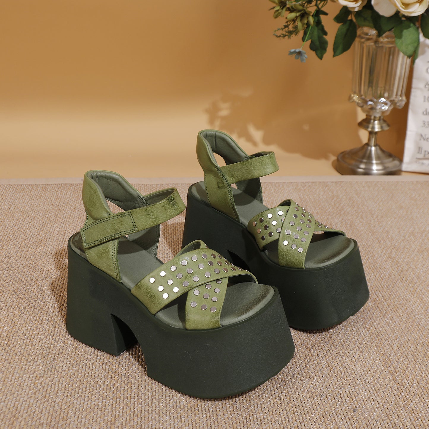 Women's Summer Pure Cowhide Small High-heeled Roman Sandals