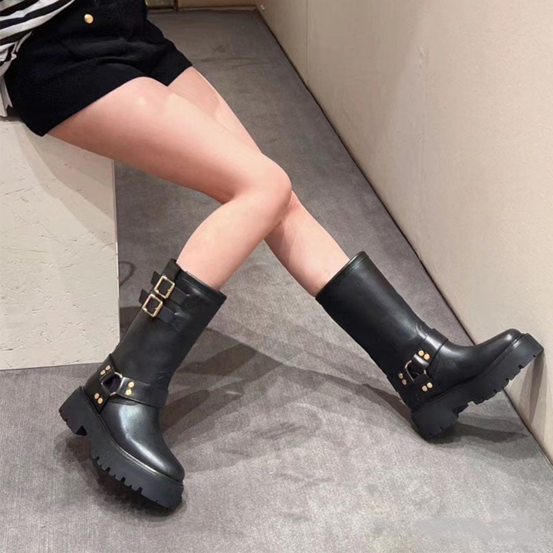 Women's Martin Buckle Knight Thick-soled Western Middle Boots