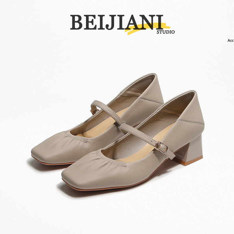 Women's Sheepskin Chunky Pumps Buckle Mary Jane Women's Fashion Shoes
