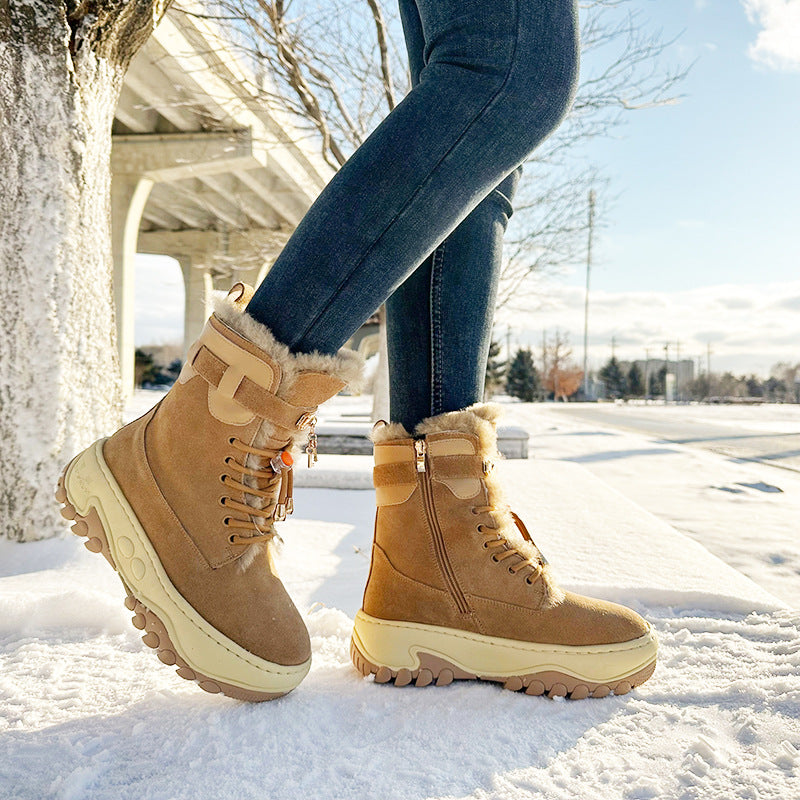 Women's Winter Fur Integrated Wool Fleece Lined Warm Snow Boots