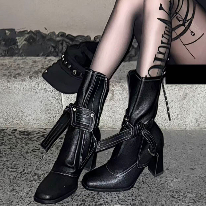 Women's Short French Fashion High Chunky Simple Retro Minority Women's Leather Boots