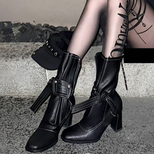 Women's Short French Fashion High Chunky Simple Retro Minority Women's Leather Boots