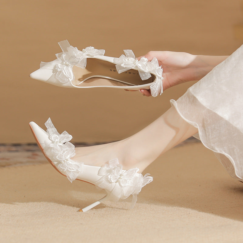 Women's Sheepskin High Stiletto Pointed Toe Elegant White Lace Wedding Women's Fashion Shoes