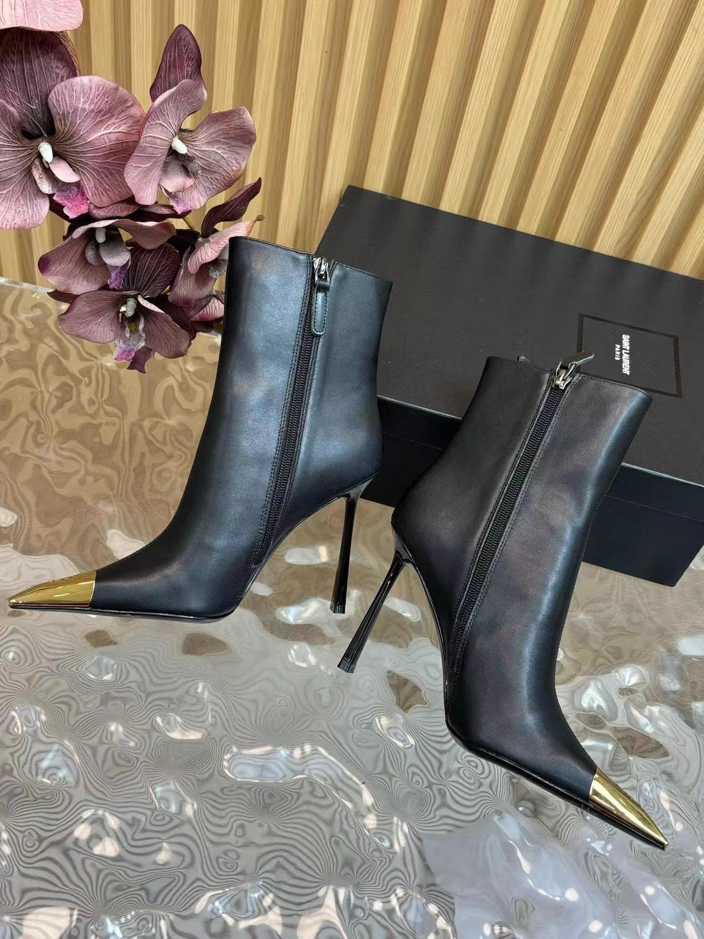 Women's Pu Pointed Toe Black High-heeled Short Stiletto Not Tired Feet Women's Leather Boots