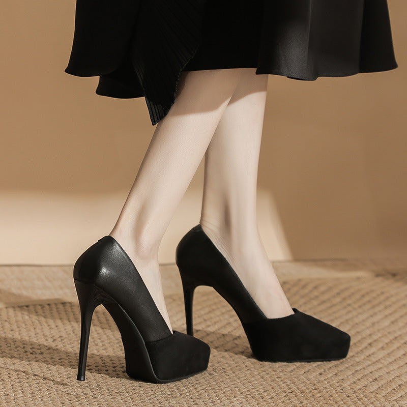 Women's Sexy Inner Waterproof Platform Low-cut High Black Suede Pointed Stiletto Women's Fashion Shoes