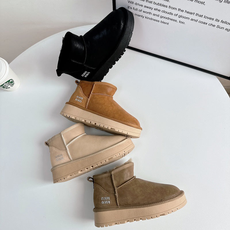 Women's Winter Cowhide Wool Bootie Thick Bottom Snow Boots