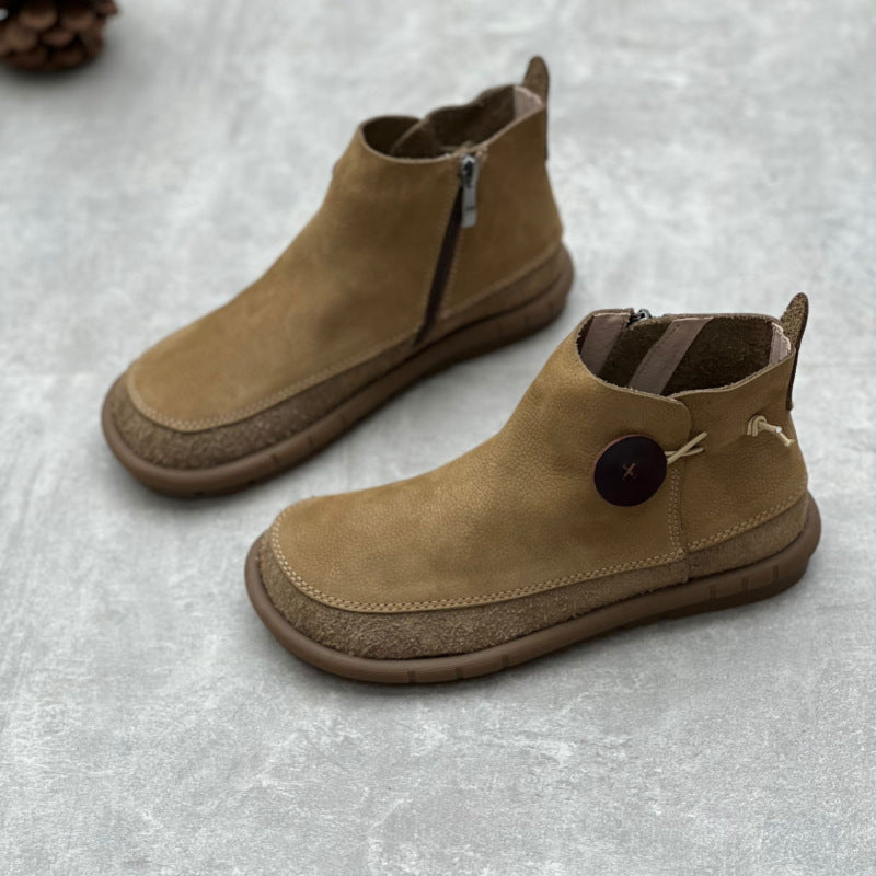 Women's Artistic Crafts Short Retro Mori Style Round Toe Flat Bottom Women's Leather Boots