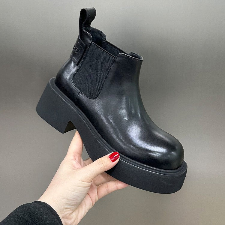 Women's Chelsea Booties European Goods Platform Smoke Pipe Muffin Round Women's Leather Boots