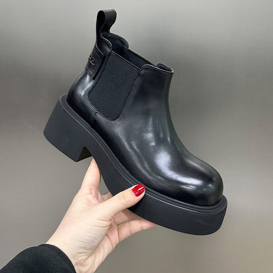 Women's Chelsea Booties European Goods Platform Smoke Pipe Muffin Round Women's Leather Boots