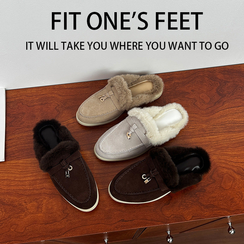 Version Fleece-lined Closed Toe Wool Flat Fur Slippers