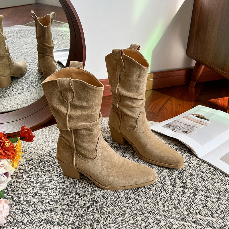 Women's Height Increasing Pile Style Autumn V Buckle Slimming Thick Middle Women's Leather Boots