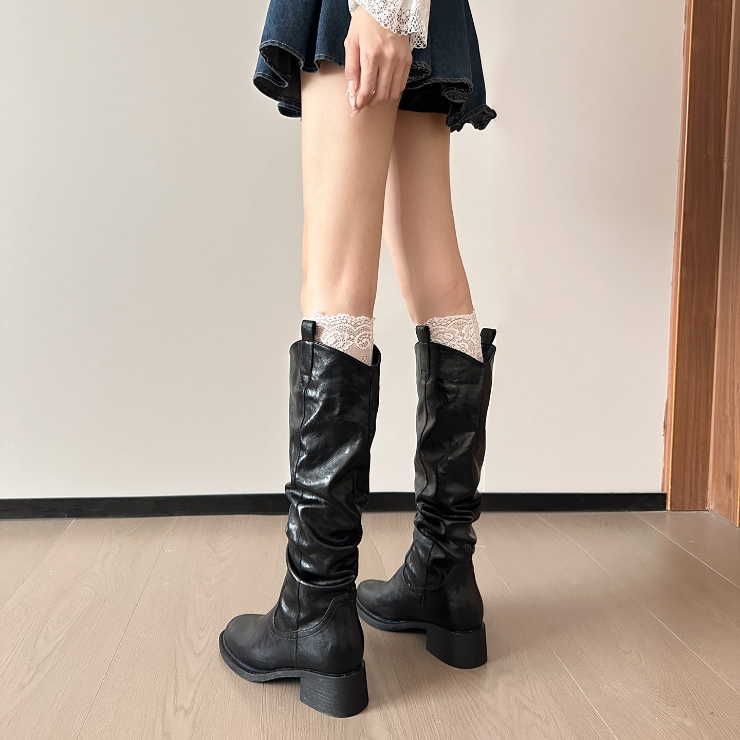 Height Increasing Insole Retro Western Cowboy Pleated Pile Style V Women's Fashion Shoes