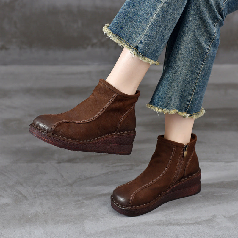 Women's Toe Wedge Artistic Style Solid Color Back Women's Leather Boots