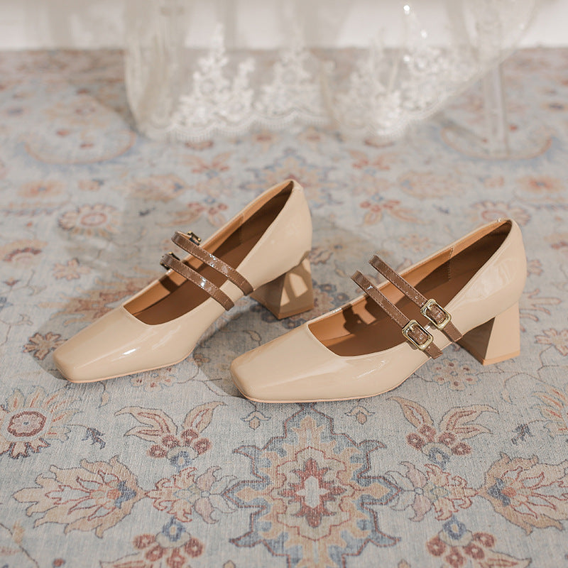 Women's Style Small Shallow Mouth Apricot Temperament Chunky Women's Fashion Shoes