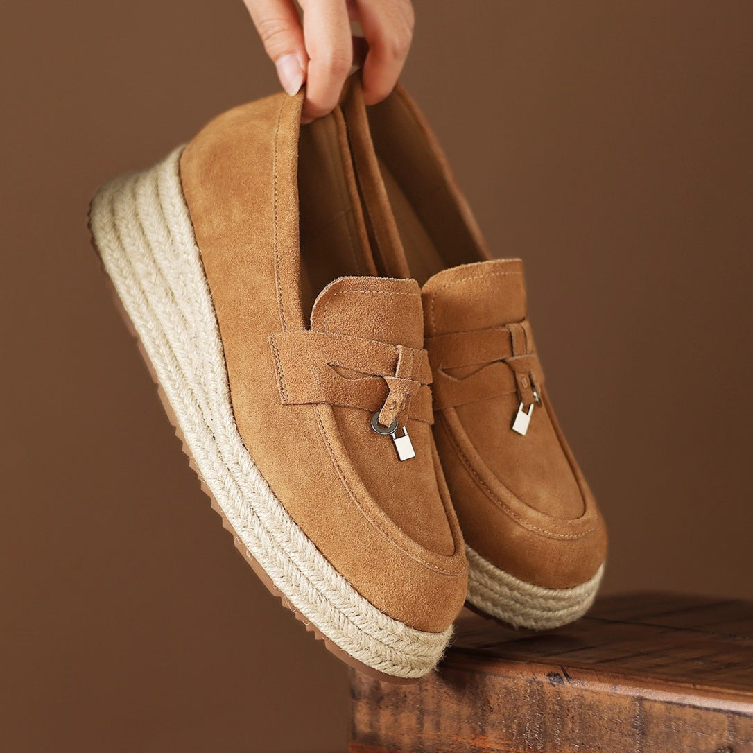 Women's Genuine Fisherman Platform Nude Slip-on Leather Shoes