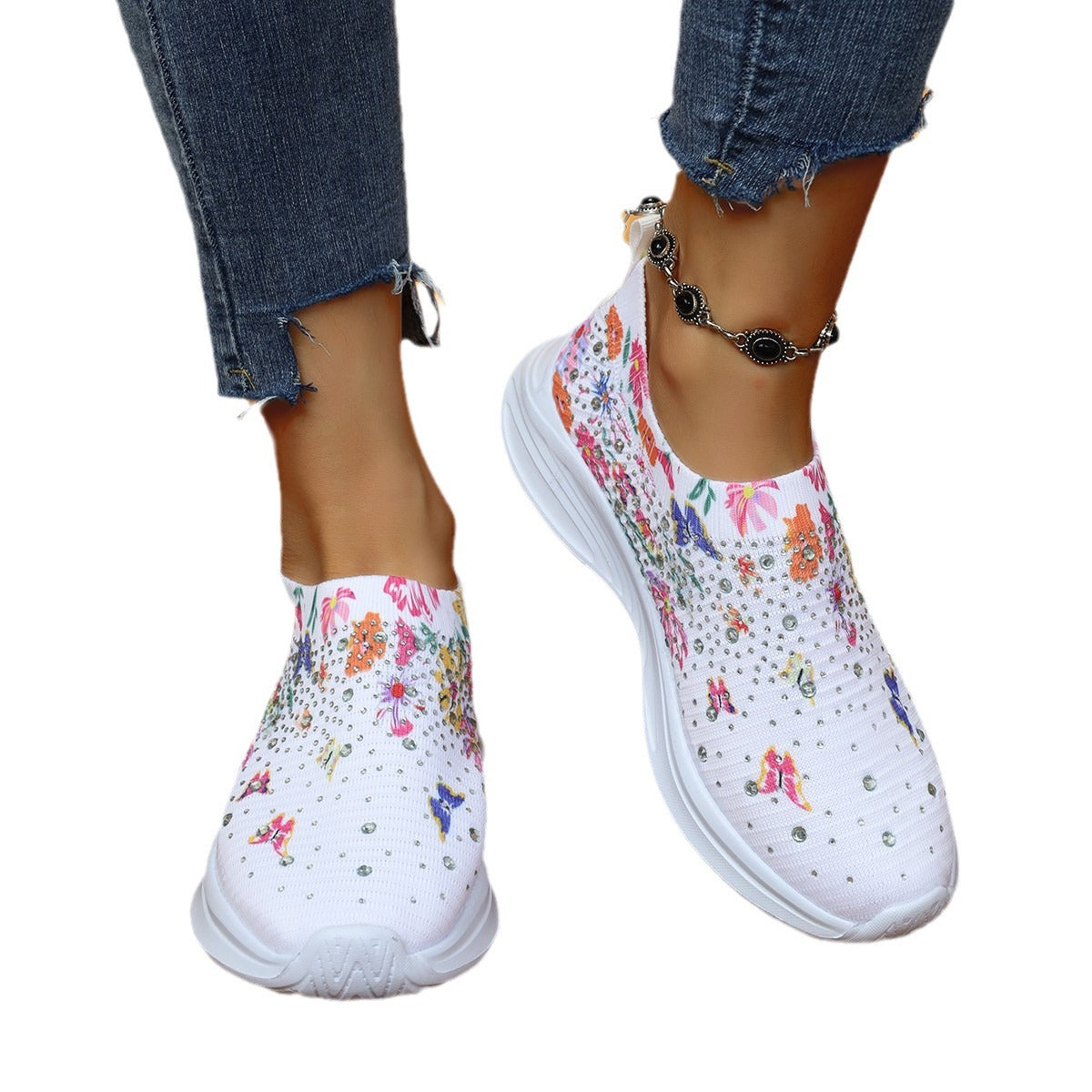 Women's & Men's Size Running Printed Flowers Rhinestone Slip-on Men's Shoes