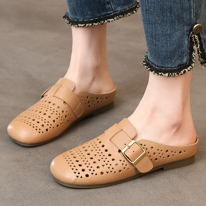 Women's First Layer Cowhide Flat Soft Bottom Breathable Summer Hole Genuine Women's Casual Shoes