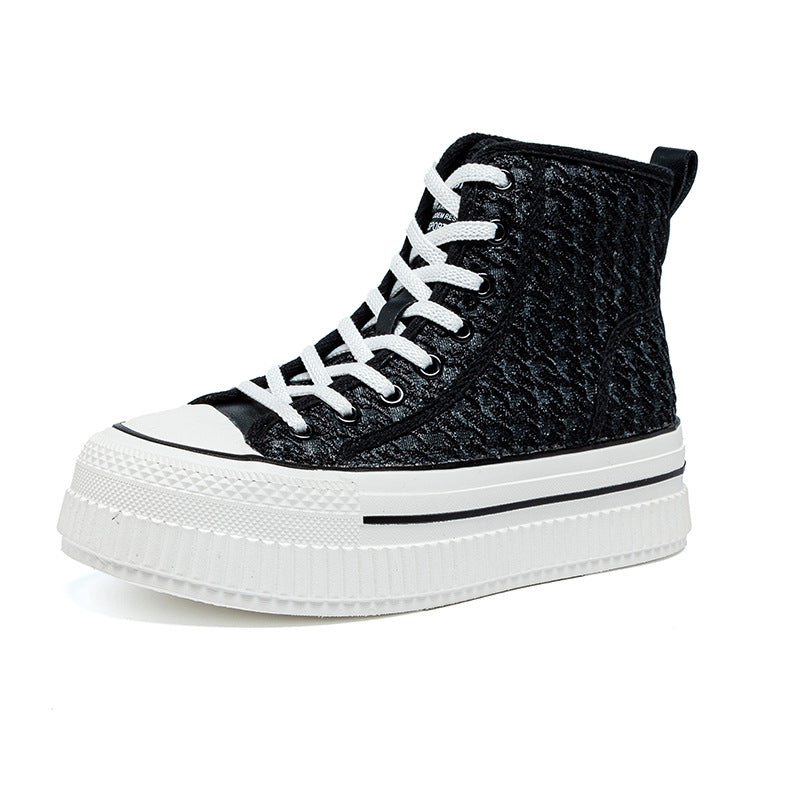Women's High Top White Genuine Platform Round Toe Stitching Sneakers