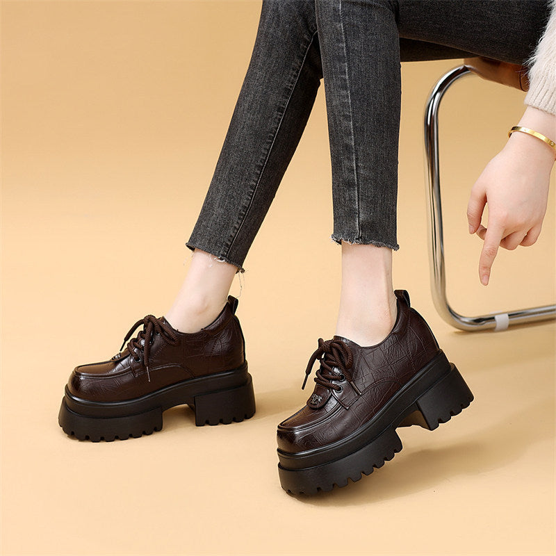 Women's Platform Black Tie Round Toe Mid Slimming Soft Bottom Women's Fashion Shoes