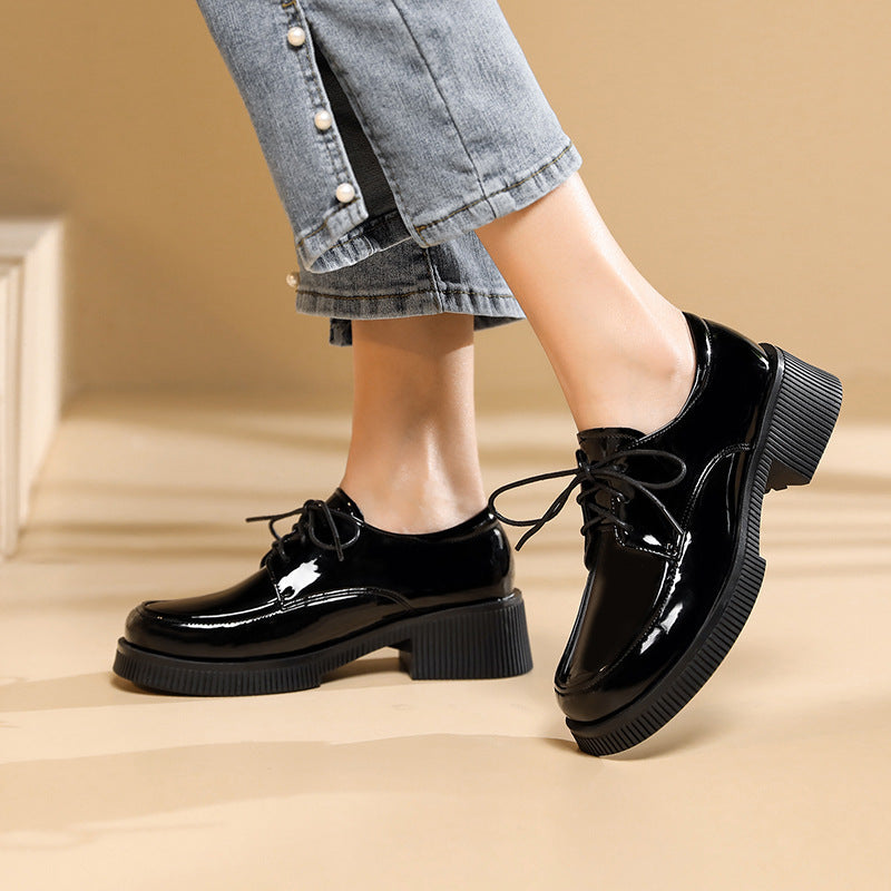 Women's Patent Small British Style Mid Chunky Women's Shoes