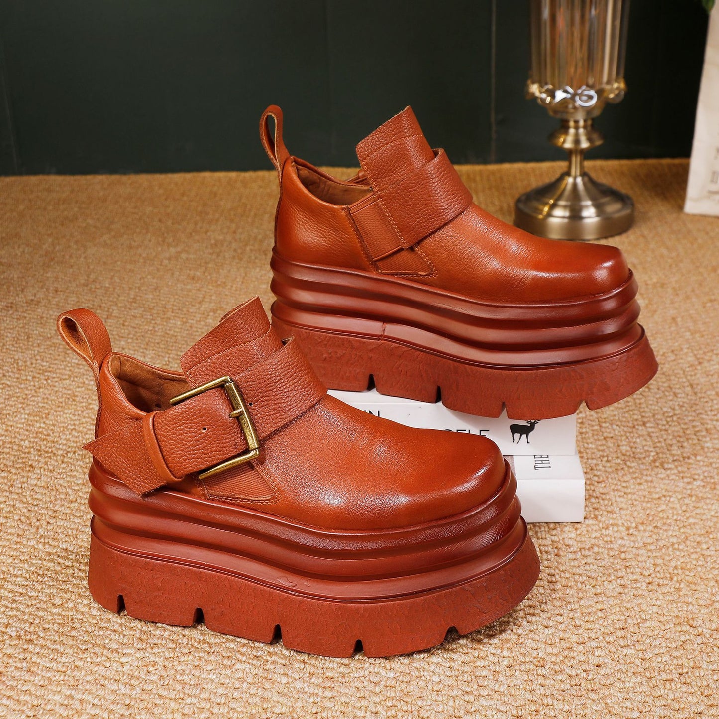 Women's Platform First Layer Cowhide Light Luxury Muffin Bottom Lightweight Women's Leather Boots