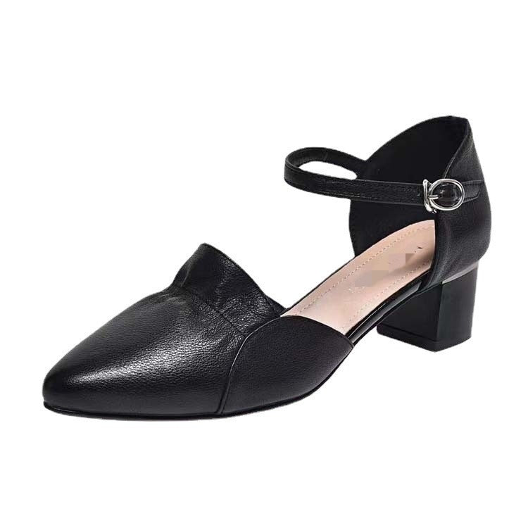 Women's Cowhide Pointed Buckle Hollow Back Empty Chunky High Heeled Sandals
