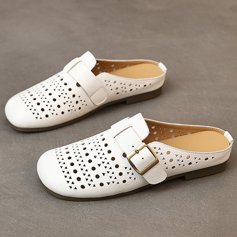 Women's First Layer Cowhide Flat Soft Bottom Breathable Summer Hole Genuine Women's Casual Shoes