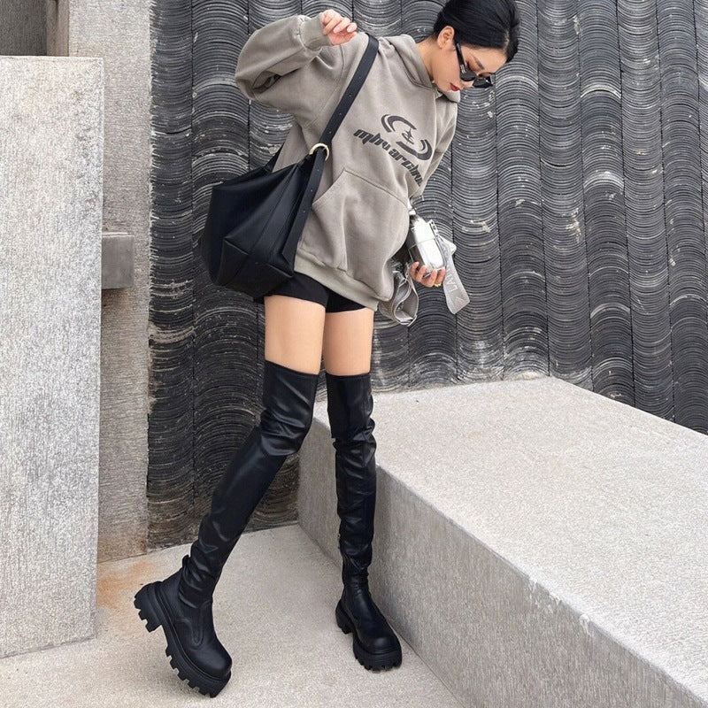 Sugar Series Thick Bottom Long Female Slimming Biker Side Women's Leather Boots