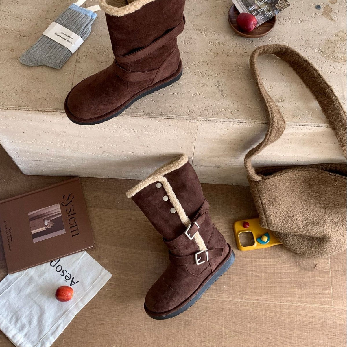 Women's Rivet Thick Bottom Fleece-lined Winter Northeast Women's Snow Boots