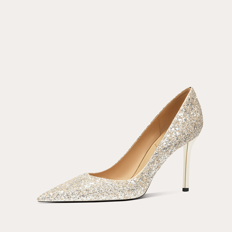 Women's French Sheepskin Light Gold Wedding Bridesmaid Pointed Stiletto Heels