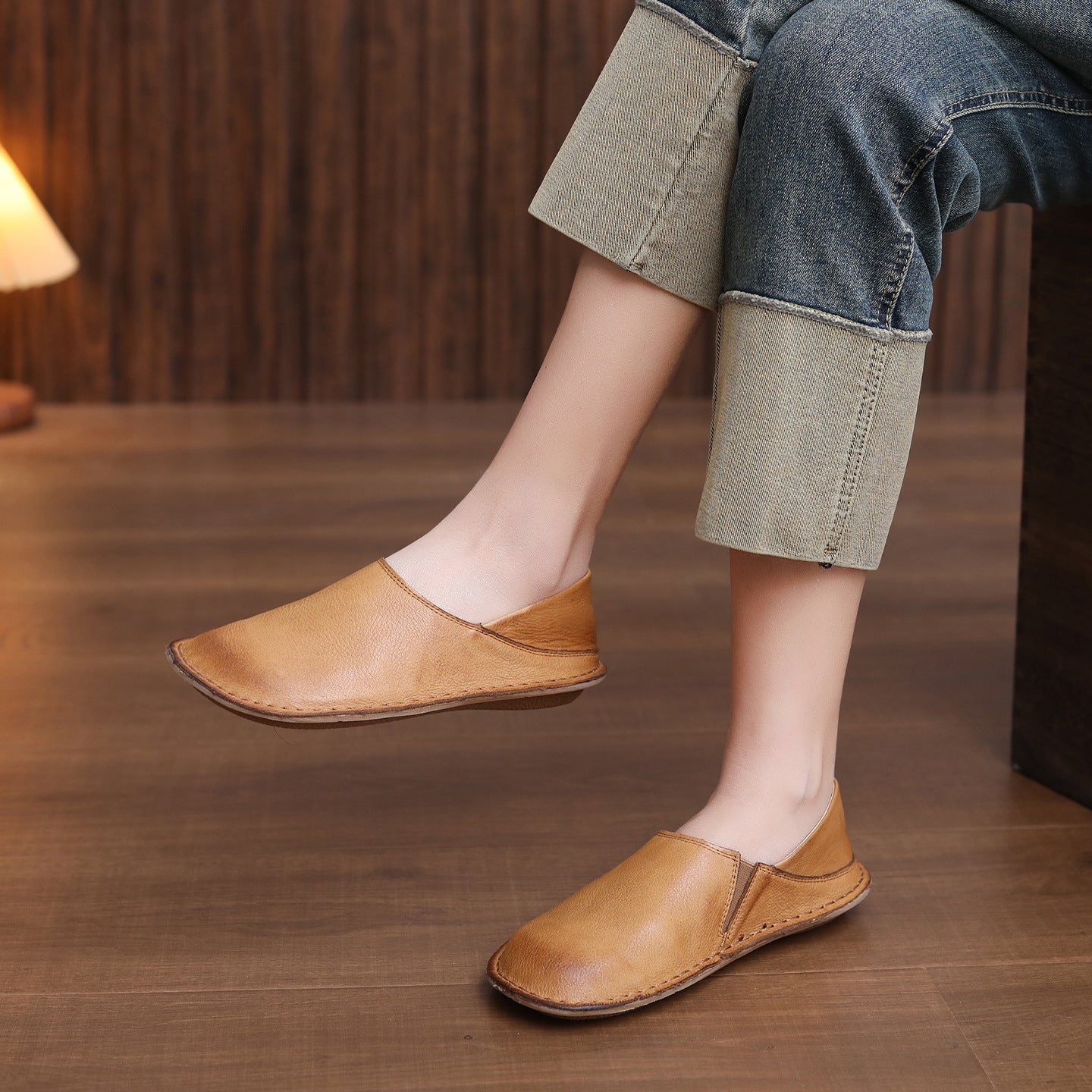 Women's Layer Cowhide Spring Flat Soft Bottom Breathable Round Toe Bandage Women's Casual Shoes