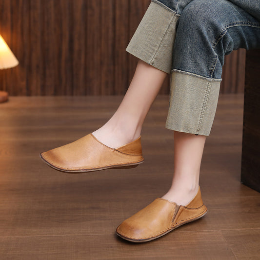 Women's Layer Cowhide Spring Flat Soft Bottom Breathable Round Toe Bandage Women's Casual Shoes