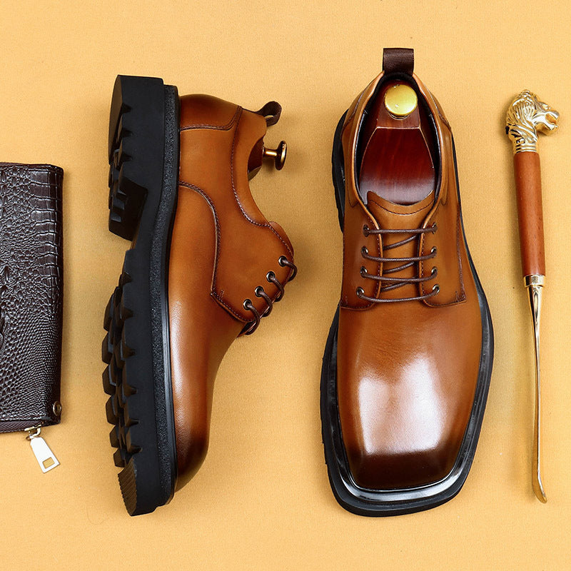Men's Big Head Genuine Formal Business Square Toe Platform British Increased Men's Casual Leather Shoes