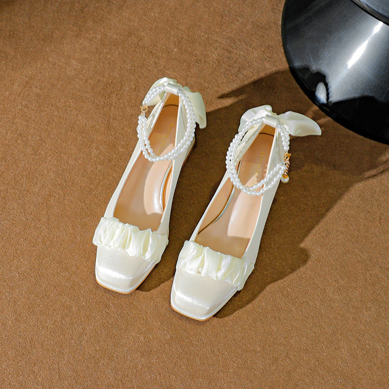 Women's Spring Chunky High Mary Jane Pearl Strap Women's Fashion Shoes