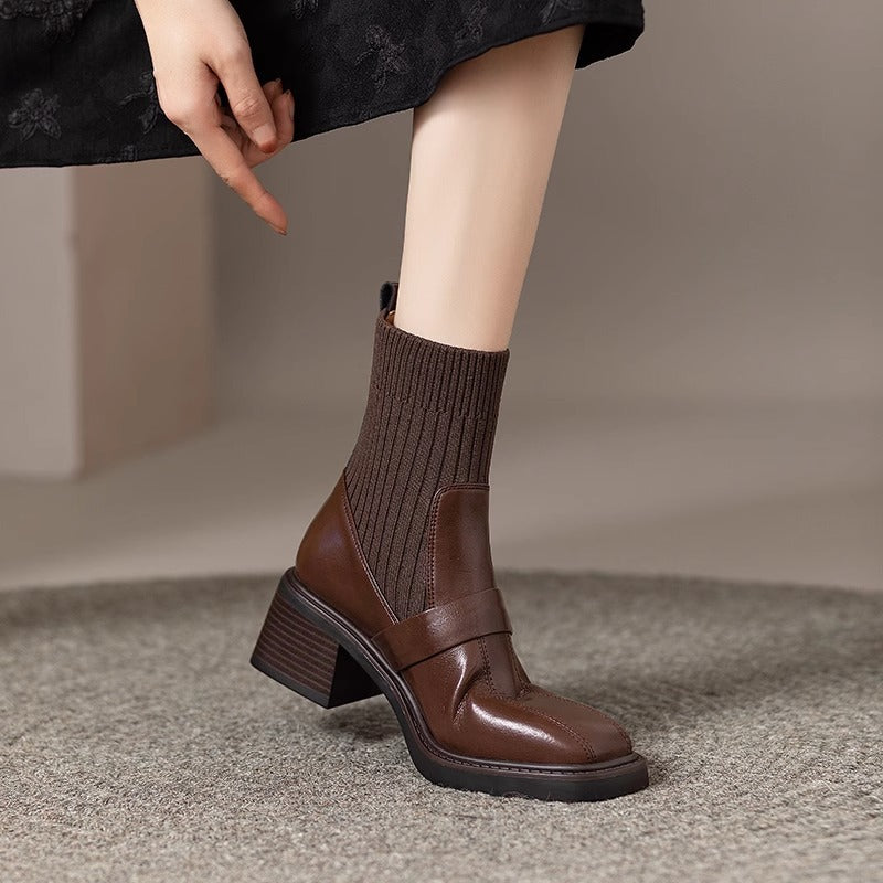 Women's Knitted Chunky High Thin Brown Martin Elastic Women's Leather Boots