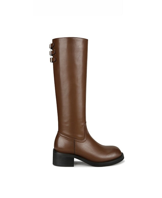 Version French Chunky Belt Buckle Side Zipper Slimming Straight Female Women's Leather Boots