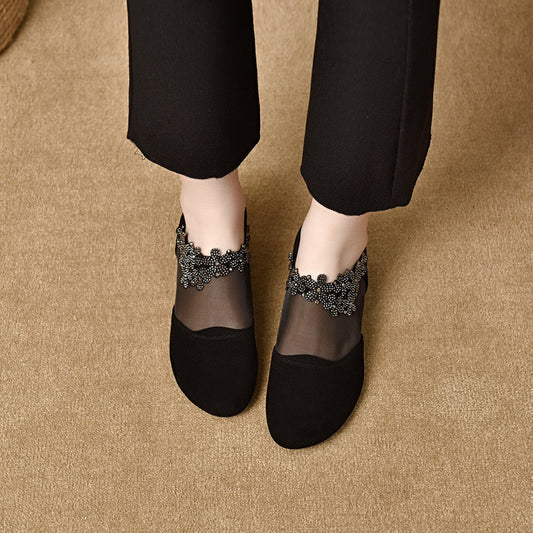 Women's Round Toe Mesh Black Sheepskin Flat Deep Mouth Flower Loafers