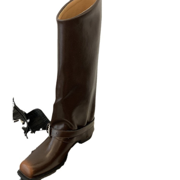 Retro Brushed Martin Female Square Toe Distressed Metal Women's Leather Boots